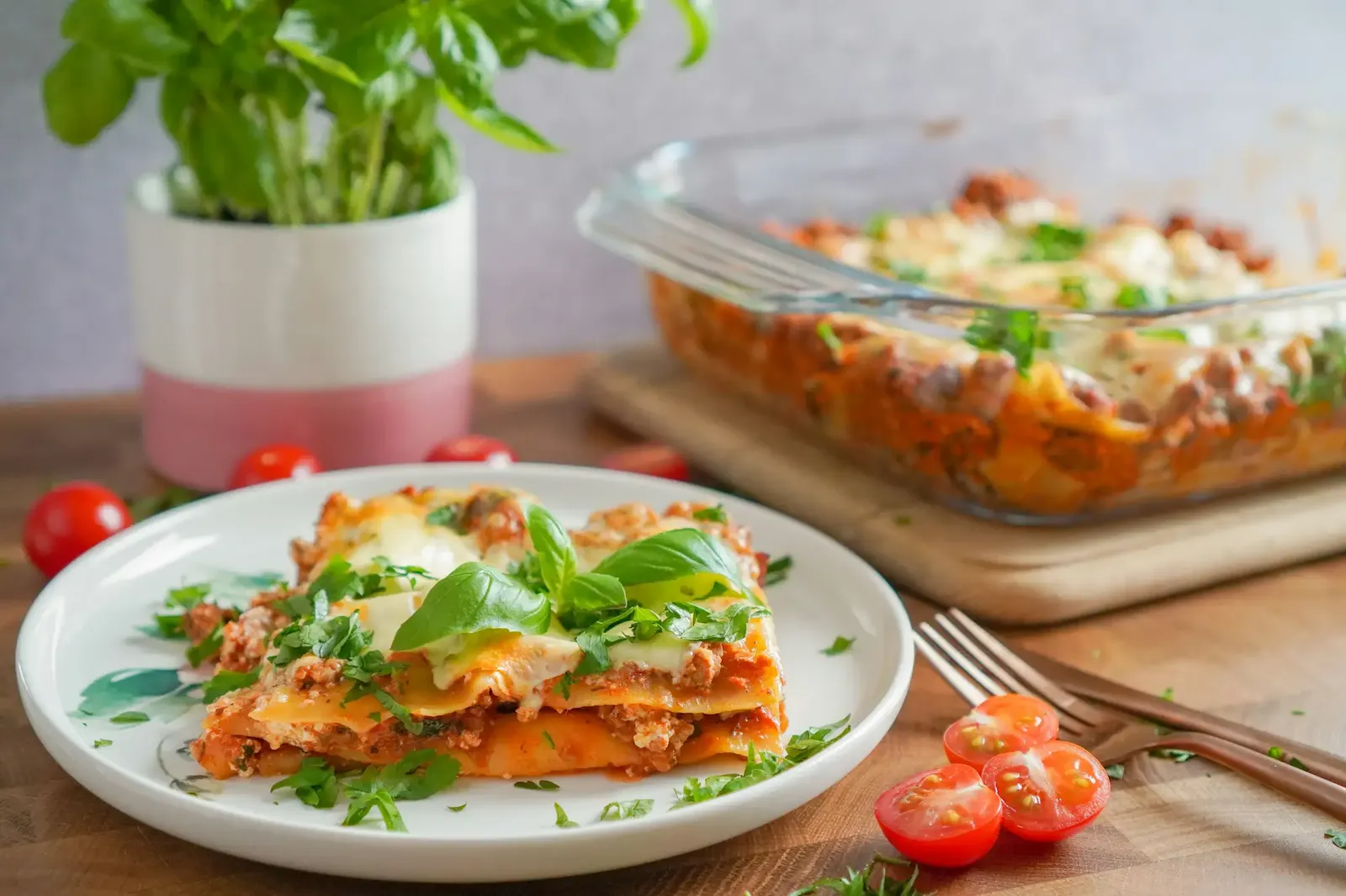 A steaming pan of lasagne